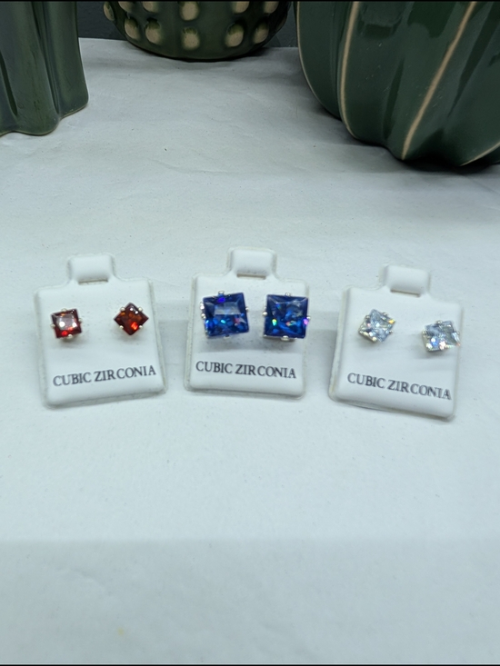 Jewelry - Cubic Zirconia Square Round Set Of 3 Stud Earrings - Red, Blue, White NWT